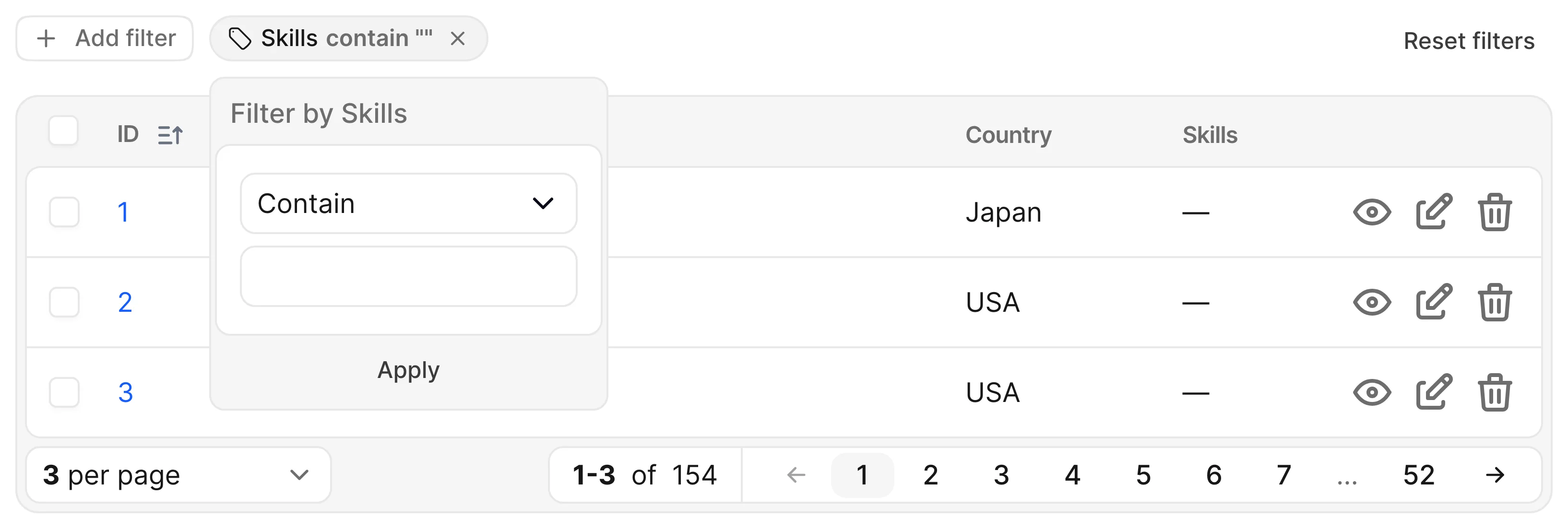 Avo Courses index with a short three-row table: the Skills dynamic filter pill and open card over the table.