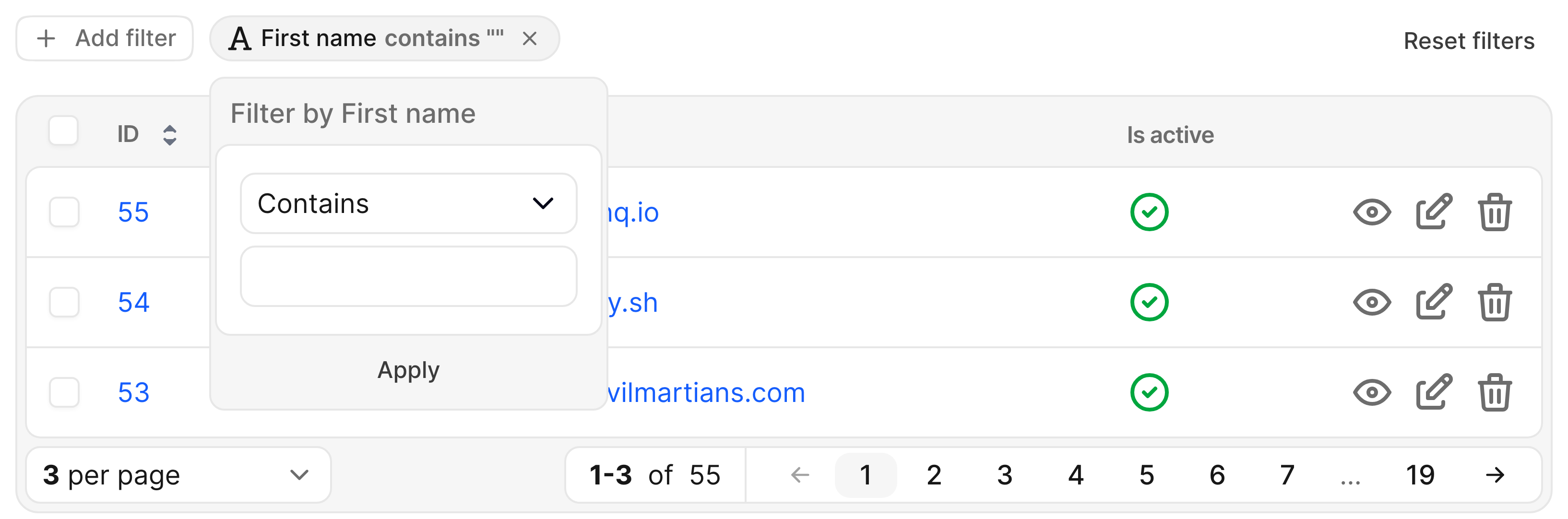 Avo Users index with a short three-row table: the First name dynamic filter pill and open card over the table.