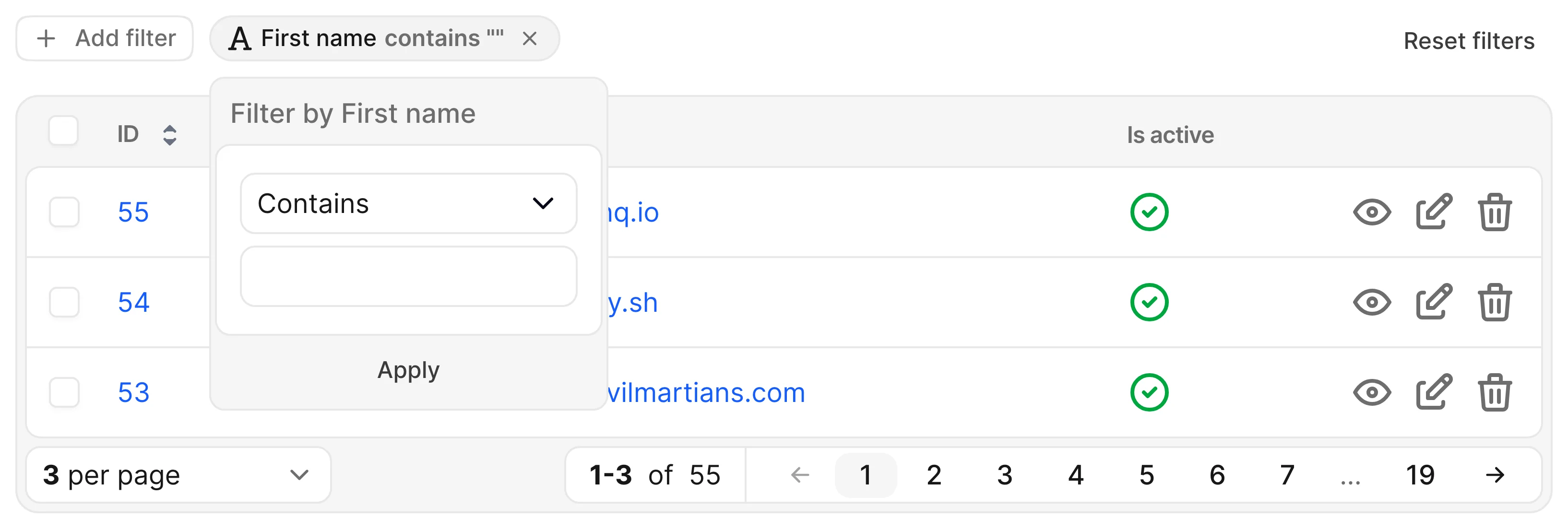 Avo Users index with a short three-row table: the First name dynamic filter pill and open card over the table.