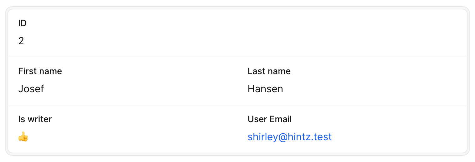 An Avo Show view details panel card laid out in three rows — ID spanning the full width on top, First name and Last name side by side, then Is writer and User Email side by side — the “Is writer” value showing a 👍 emoji rendered via format_display_using.
