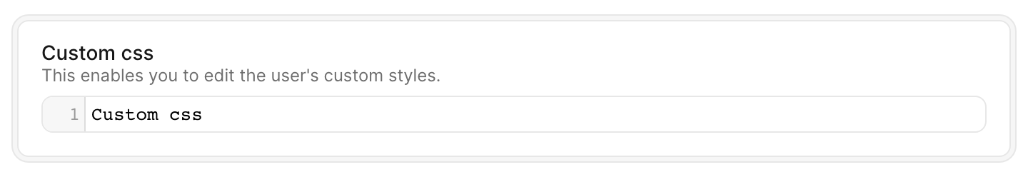 An Avo Edit form 'Custom css' code field with a line of help text shown directly below the field label explaining what the field does.