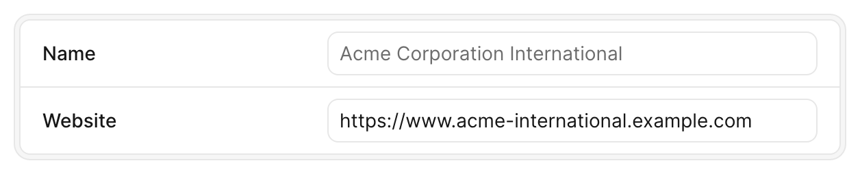 An Avo Edit form with a readonly, greyed-out 'Name' text field above a normal, editable 'Website' field — the contrast shows the readonly state.