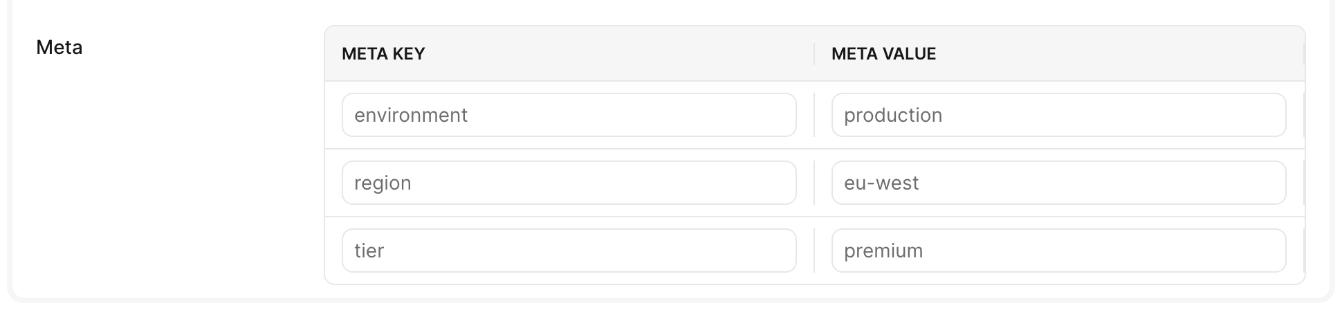 An Avo show view key_value 'Meta' field in the default inline layout, the field label beside a key/value control listing three pairs (environment: production, region: eu-west, tier: premium).