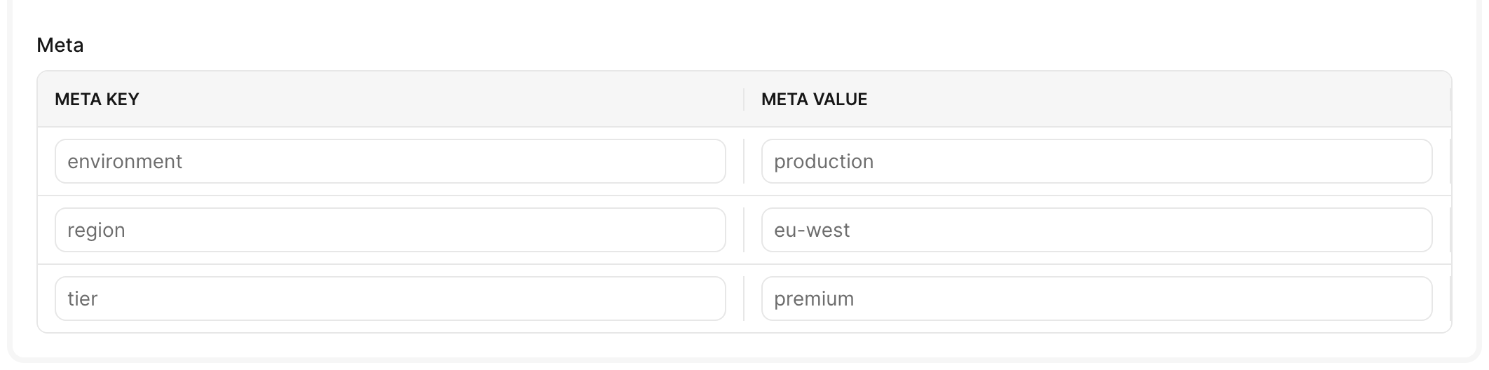 An Avo show view key_value 'Meta' field in the stacked layout, the field label shown above a key/value control listing three pairs (environment: production, region: eu-west, tier: premium).
