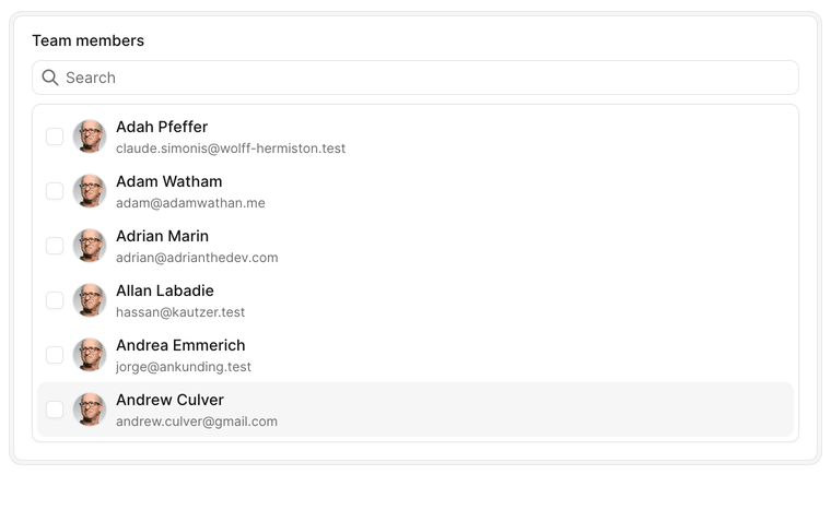 An Avo edit-form card containing a checkbox_list field: an animation that checks three team members one after another from an initially empty selection.