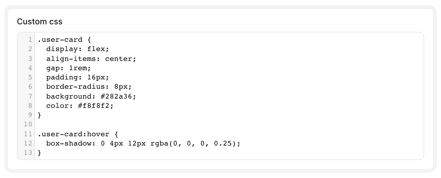 An Avo edit-form card containing a code field: a CodeMirror editor in the dracula dark theme with line-number gutter, showing syntax-highlighted CSS (a .user-card rule with display, padding, border-radius and background properties).