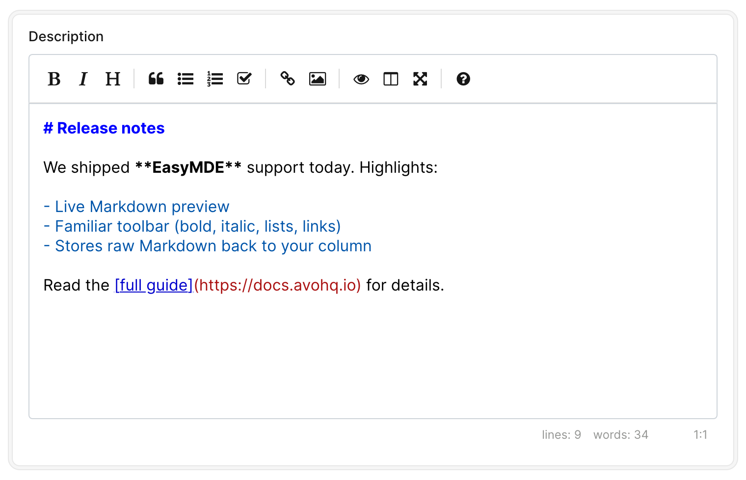 An Avo create-form card containing an easy_mde field: the EasyMDE Markdown editor with its toolbar (bold, italic, heading, lists, link and preview controls) above a text area pre-filled with sample Markdown — a Release notes document with a heading, bold text, a bullet list and a link.