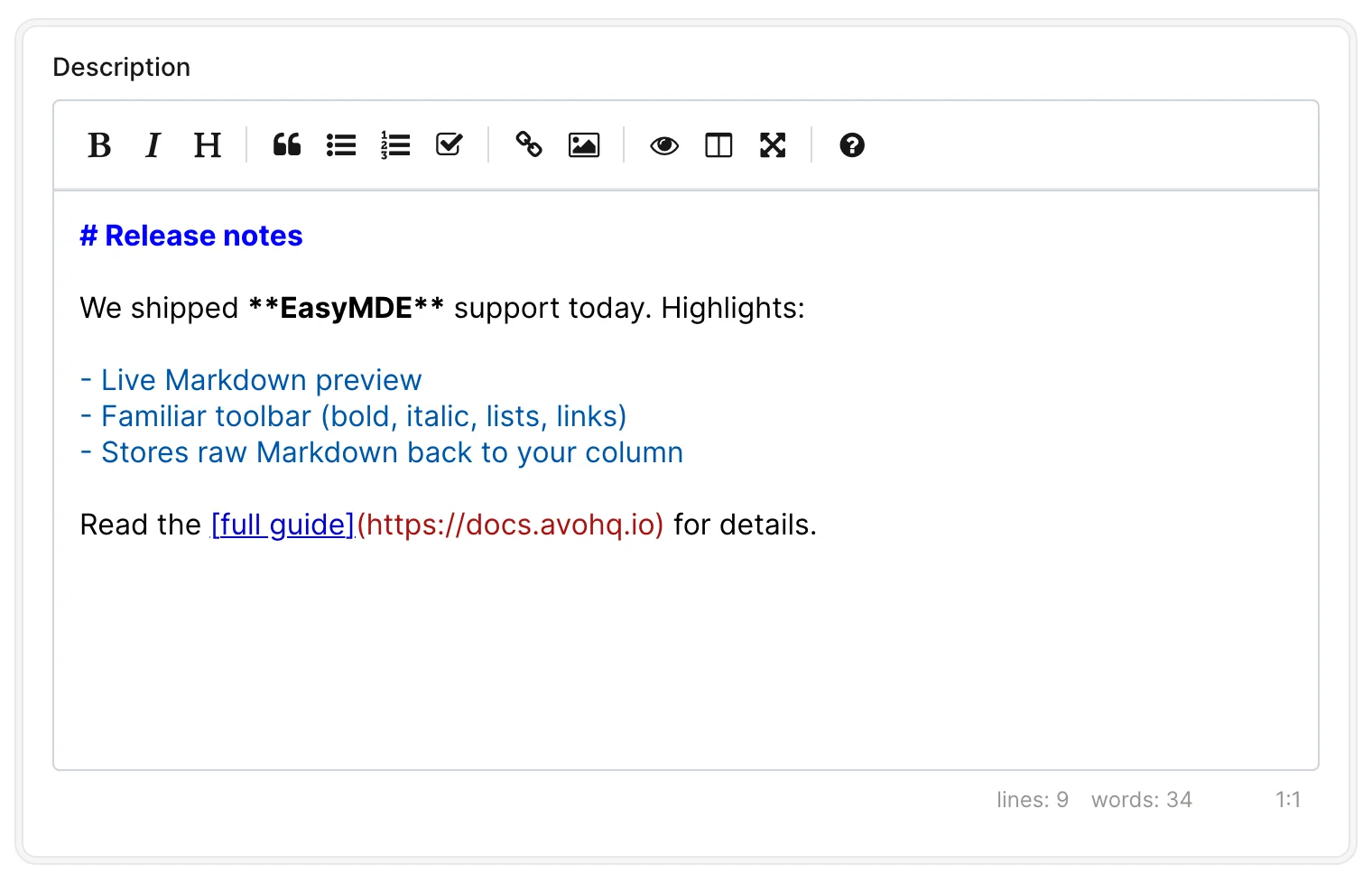 An Avo create-form card containing an easy_mde field: the EasyMDE Markdown editor with its toolbar (bold, italic, heading, lists, link and preview controls) above a text area pre-filled with sample Markdown — a Release notes document with a heading, bold text, a bullet list and a link.