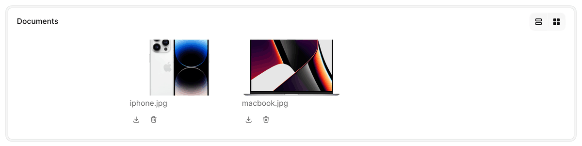 An Avo show-view card for a files field: an animation toggling between grid view (thumbnail tiles) and list view (file rows) using the view-type switcher.