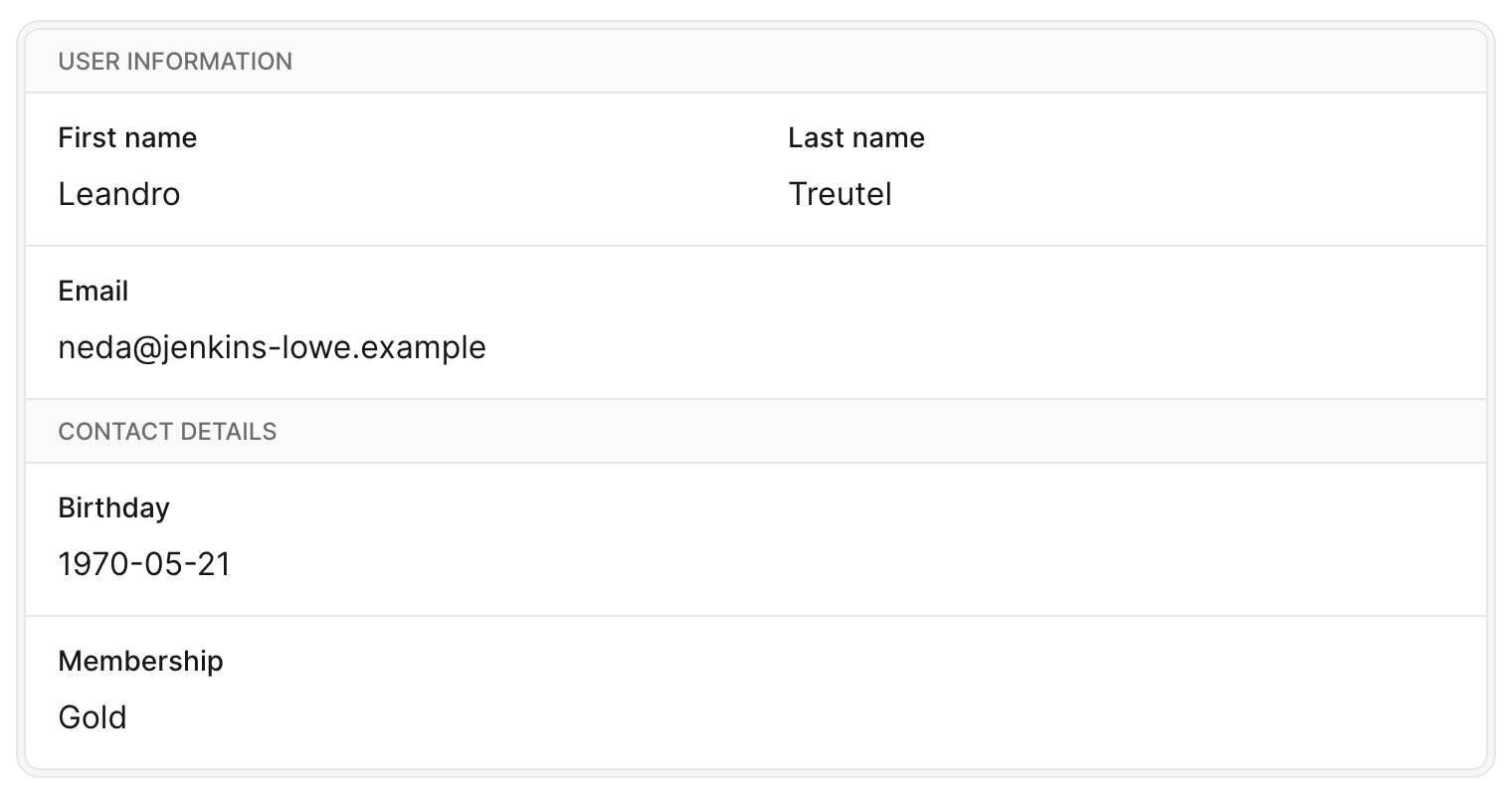 An Avo show-view card with two heading fields acting as section dividers: a 'User information' heading above First name, Last name and Email fields, then a 'Contact details' heading above Birthday and Membership fields.