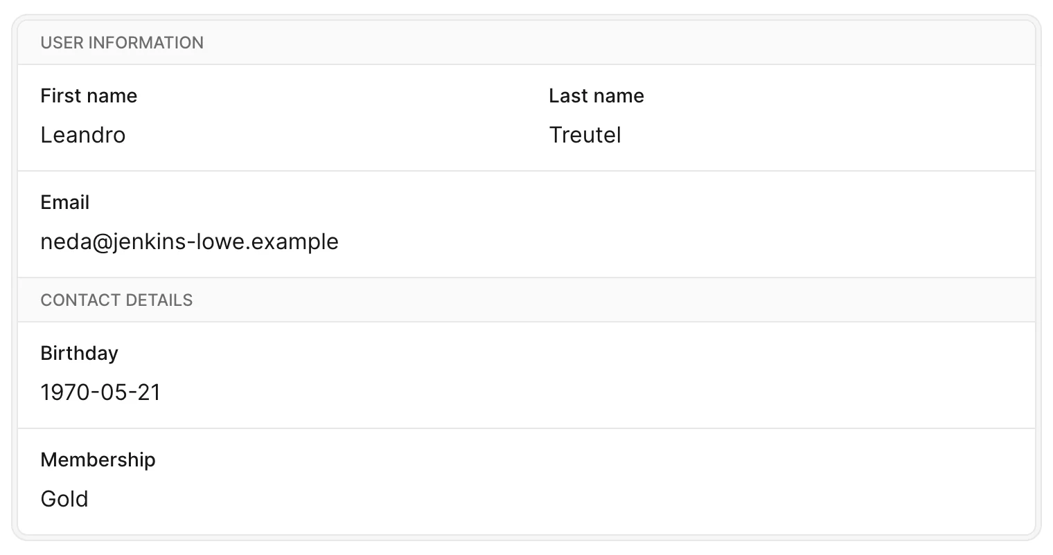 An Avo show-view card with two heading fields acting as section dividers: a 'User information' heading above First name, Last name and Email fields, then a 'Contact details' heading above Birthday and Membership fields.