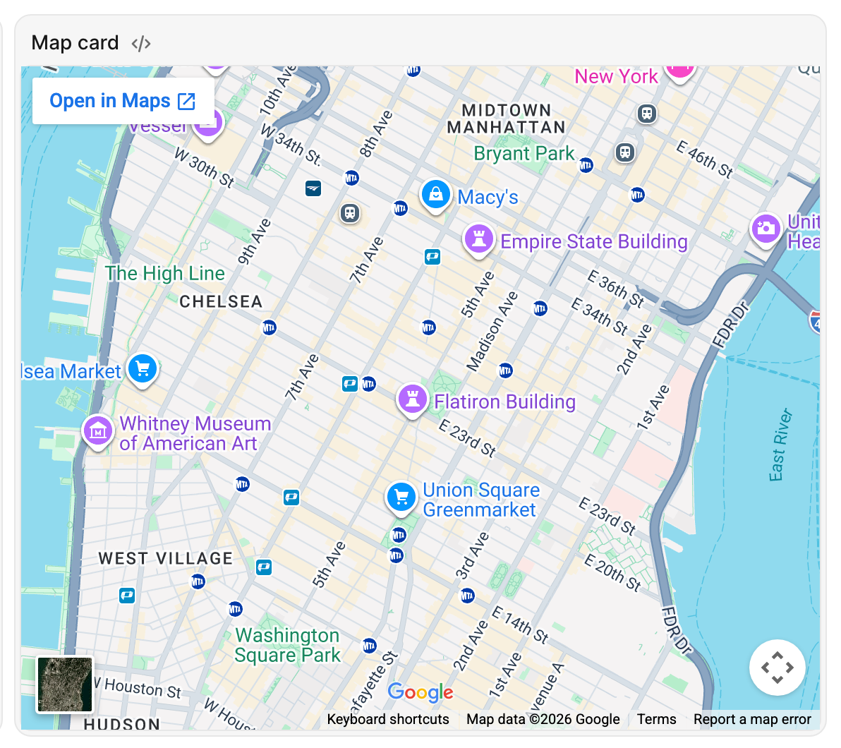 An Avo Map card on the Dashy dashboard showing an embedded Google Maps view of Manhattan with an Open in Maps link and map navigation controls.