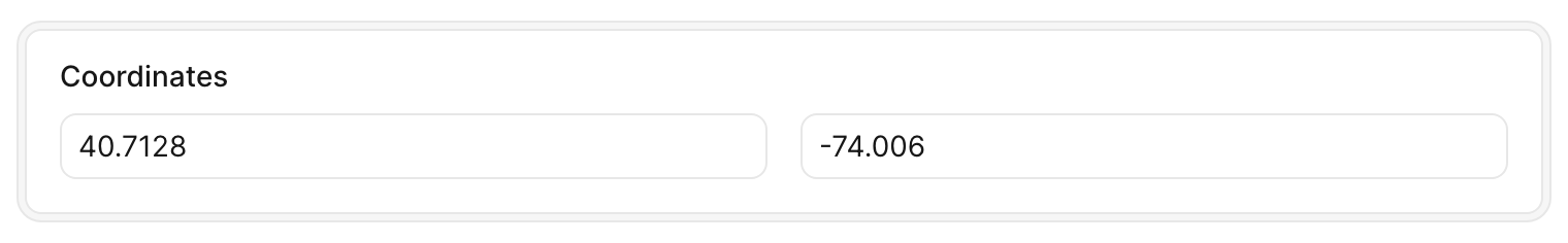 An Avo edit-form card showing a location field with stored_as configured: separate Latitude and Longitude text inputs side by side, prefilled with Paris coordinates.