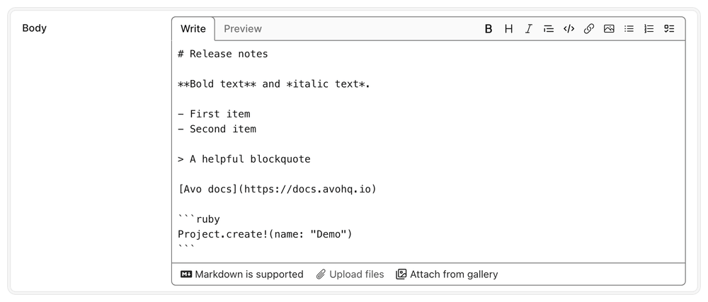 An Avo New (create) form card showing the Markdown field powered by Marksmith: an animation switching from the Write tab (example markdown with heading, list, blockquote, link and code block) to the Preview tab showing the rendered HTML.