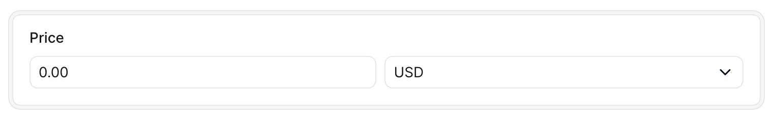 An Avo create-form card containing a money field: an amount input showing 0.00 beside a currency selector set to USD.