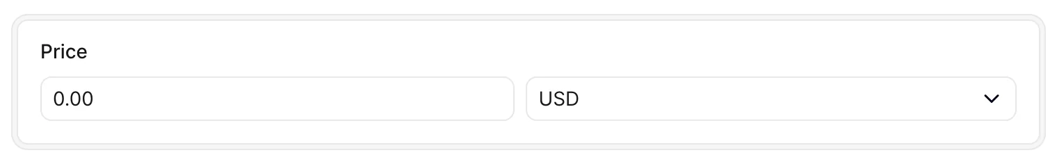 An Avo create-form card containing a money field: an amount input showing 0.00 beside a currency selector set to USD.