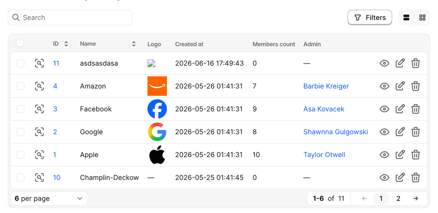 An Avo Teams index table where hovering the preview icon on a row opens a popup showing that record's preview fields.