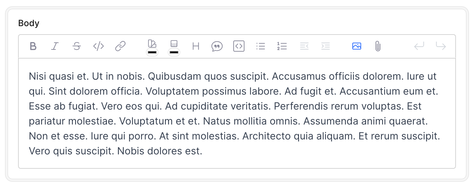 An Avo edit-form card with a Rhino WYSIWYG editor showing the formatting toolbar above a text area with sample content.