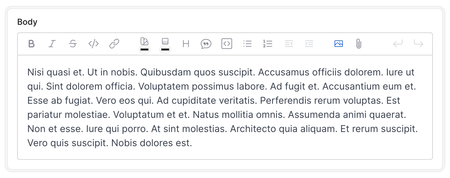 An Avo edit-form card with a Rhino WYSIWYG editor showing the formatting toolbar above a text area with sample content.