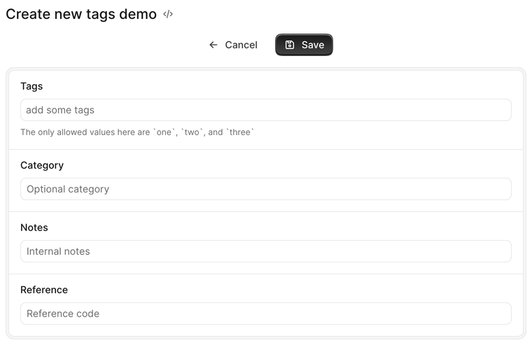 An Avo create form with a tags field: the animation opens the suggestions dropdown, picks one and two, saves the record, and shows the tags on the Show view.