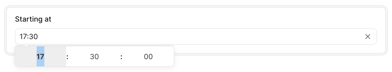 An Avo edit-form card containing a time field with the flatpickr time picker open, showing hours and minutes in 24-hour format without a calendar.