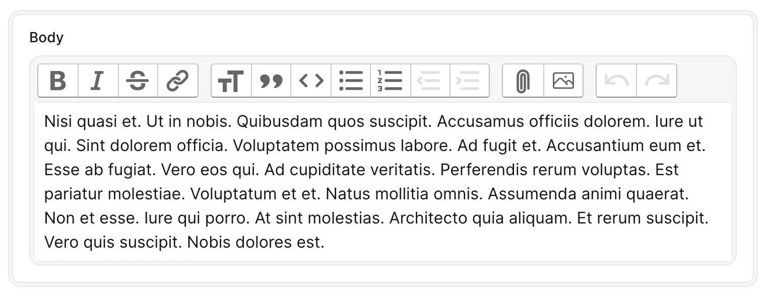 An Avo edit-form card with a Trix WYSIWYG editor showing the formatting toolbar above a text area with sample body content.