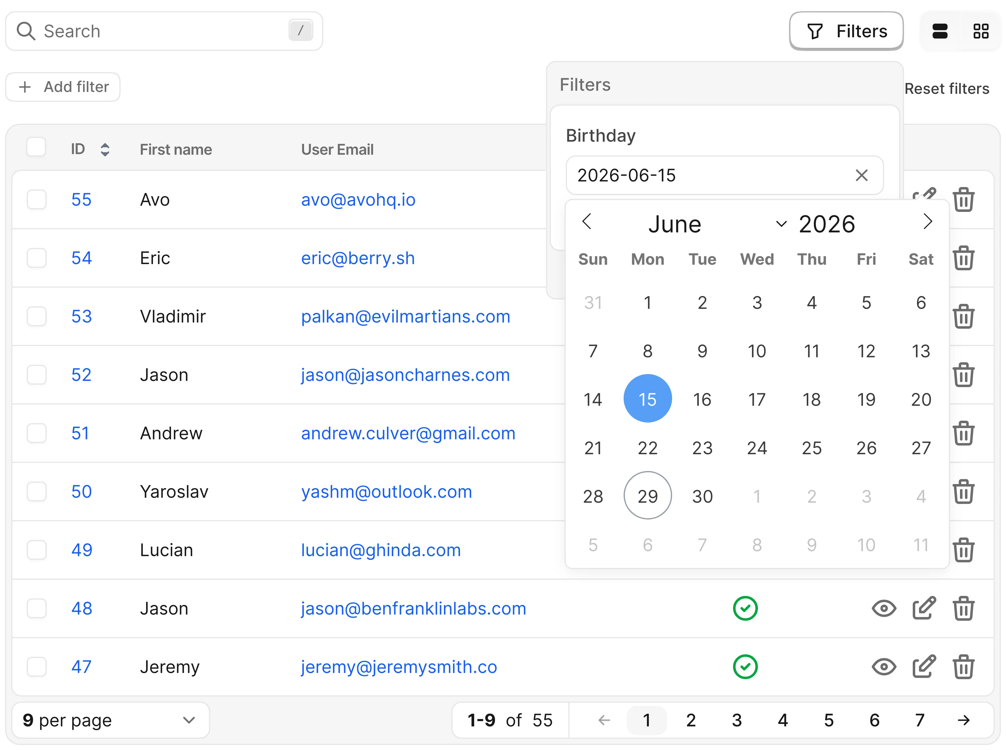 Avo date time filter with type date showing the Birthday filter and flatpickr calendar with a date selected, over the Users index table.