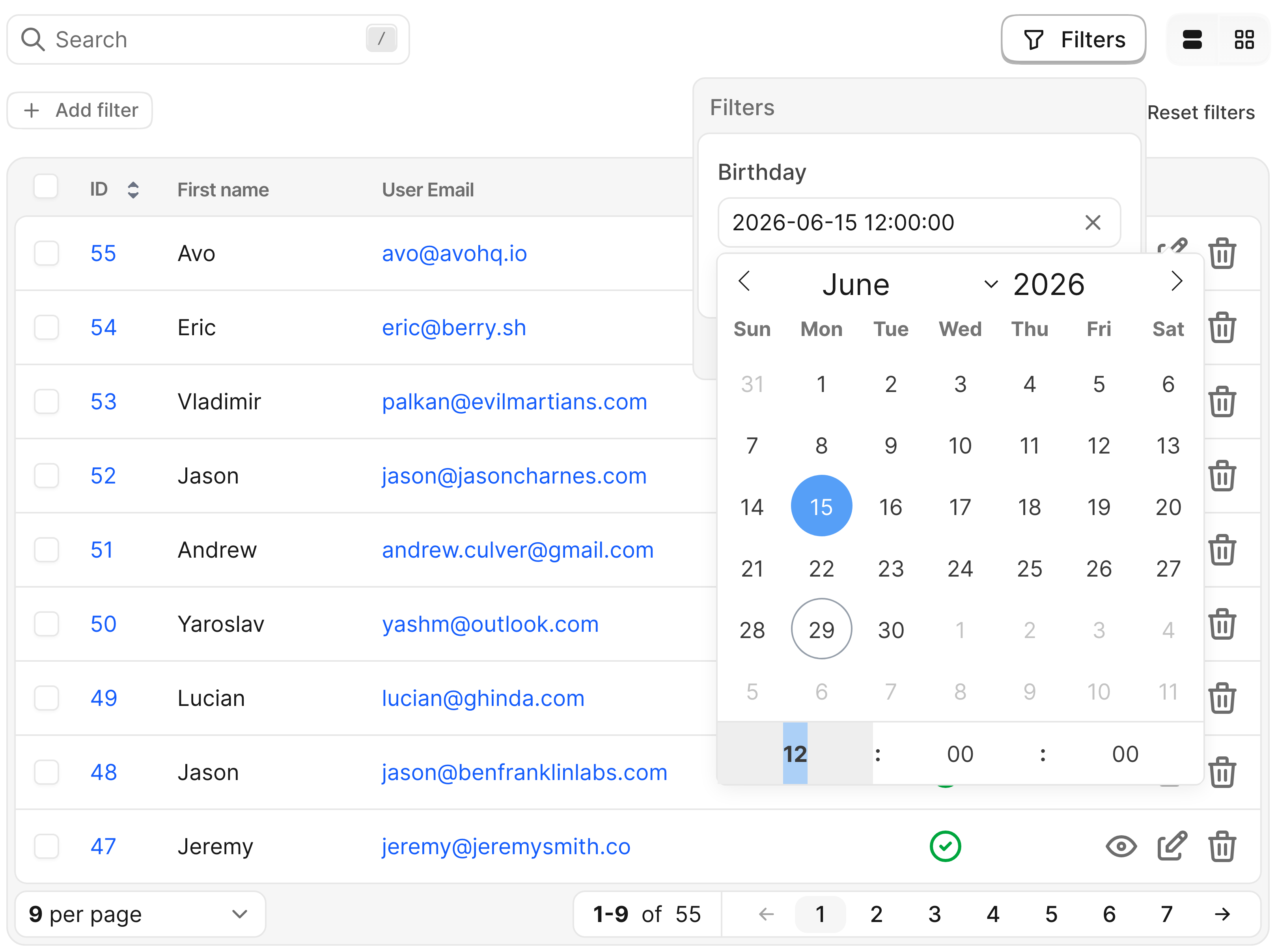 Avo date time filter with type date_time showing the Birthday filter and combined date/time picker, over the Users index table.
