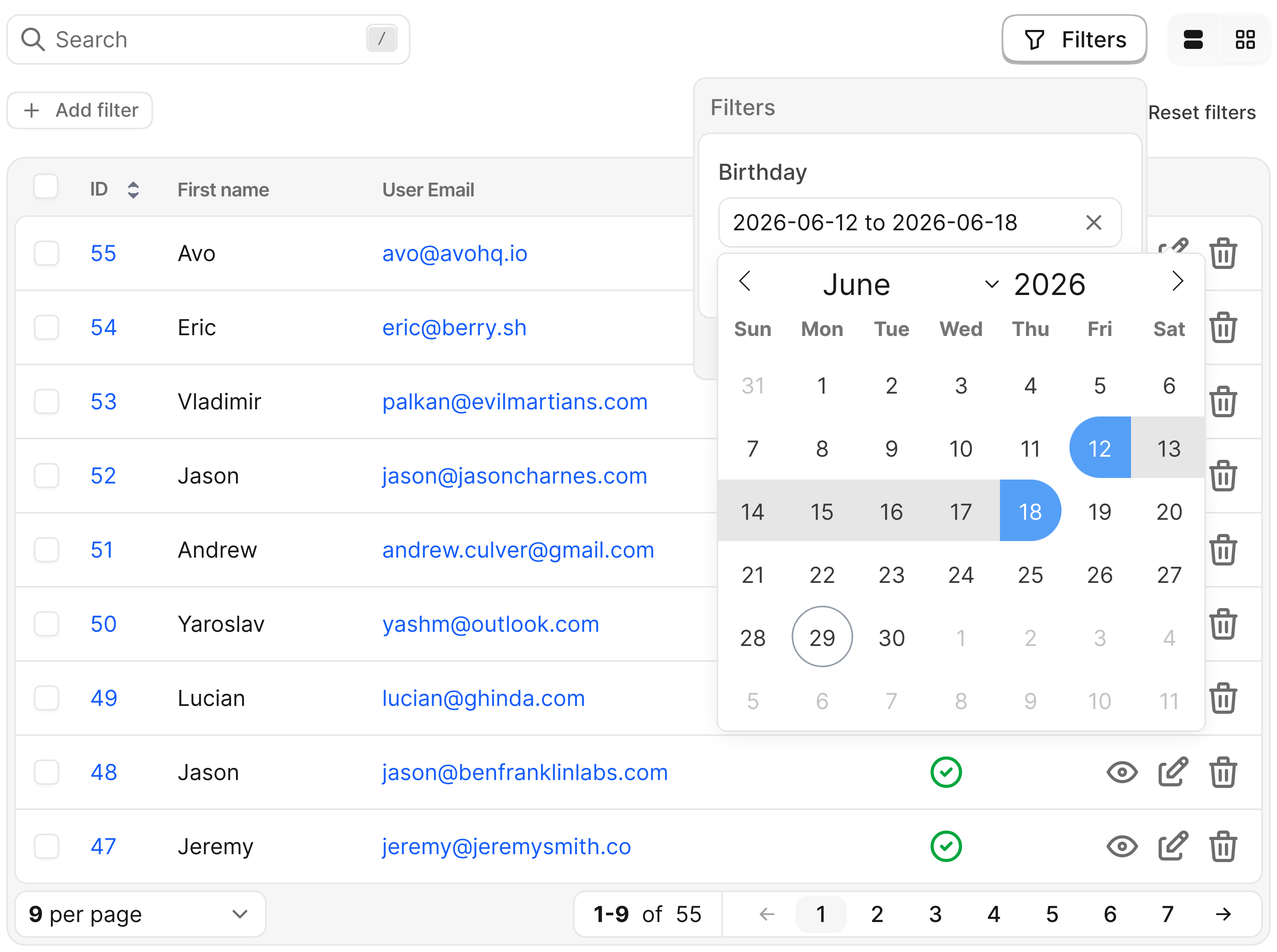 Avo date time filter in range mode showing the Birthday filter and a selected date range in flatpickr, over the Users index table.