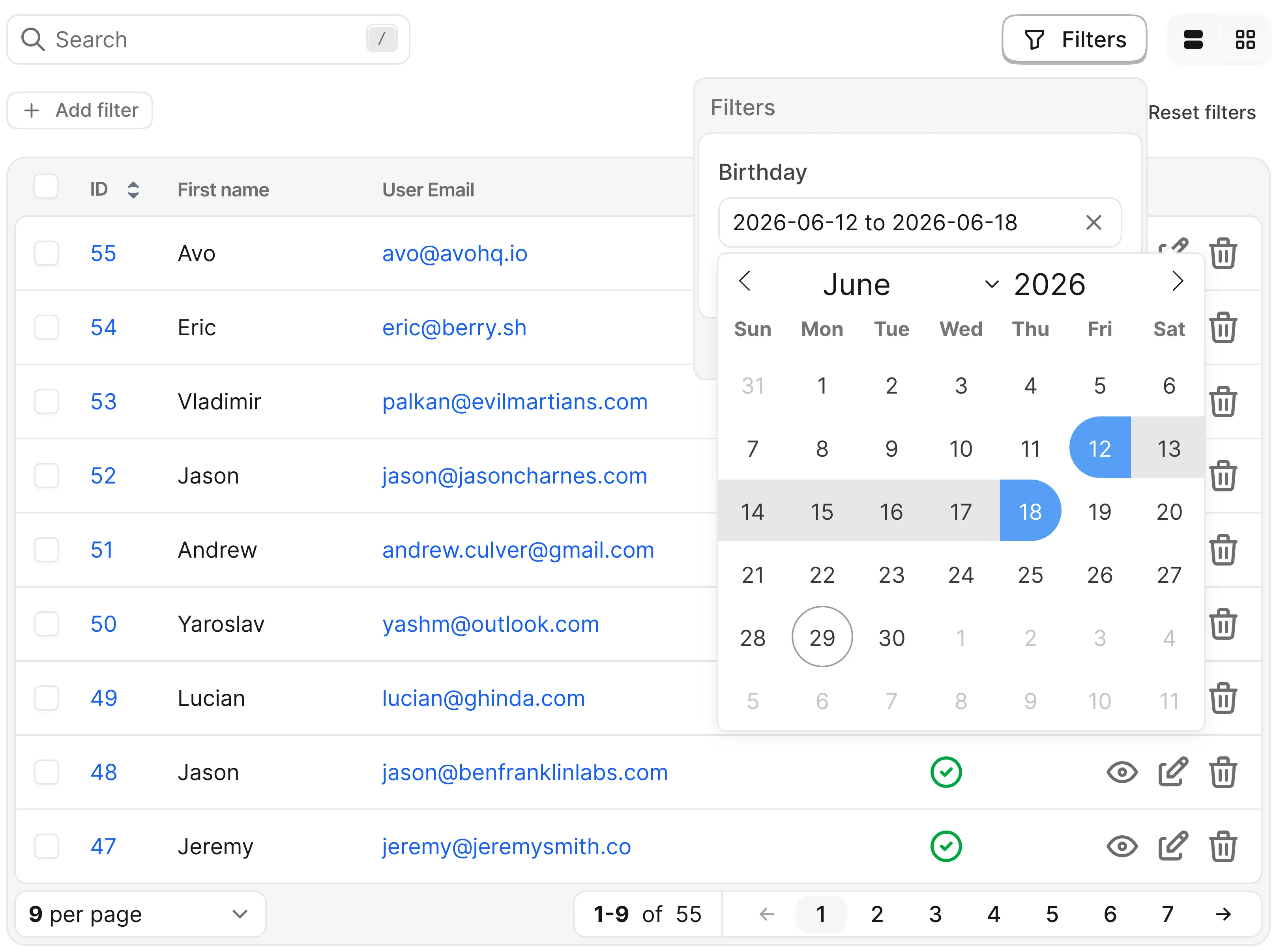 Avo date time filter in range mode showing the Birthday filter and a selected date range in flatpickr, over the Users index table.