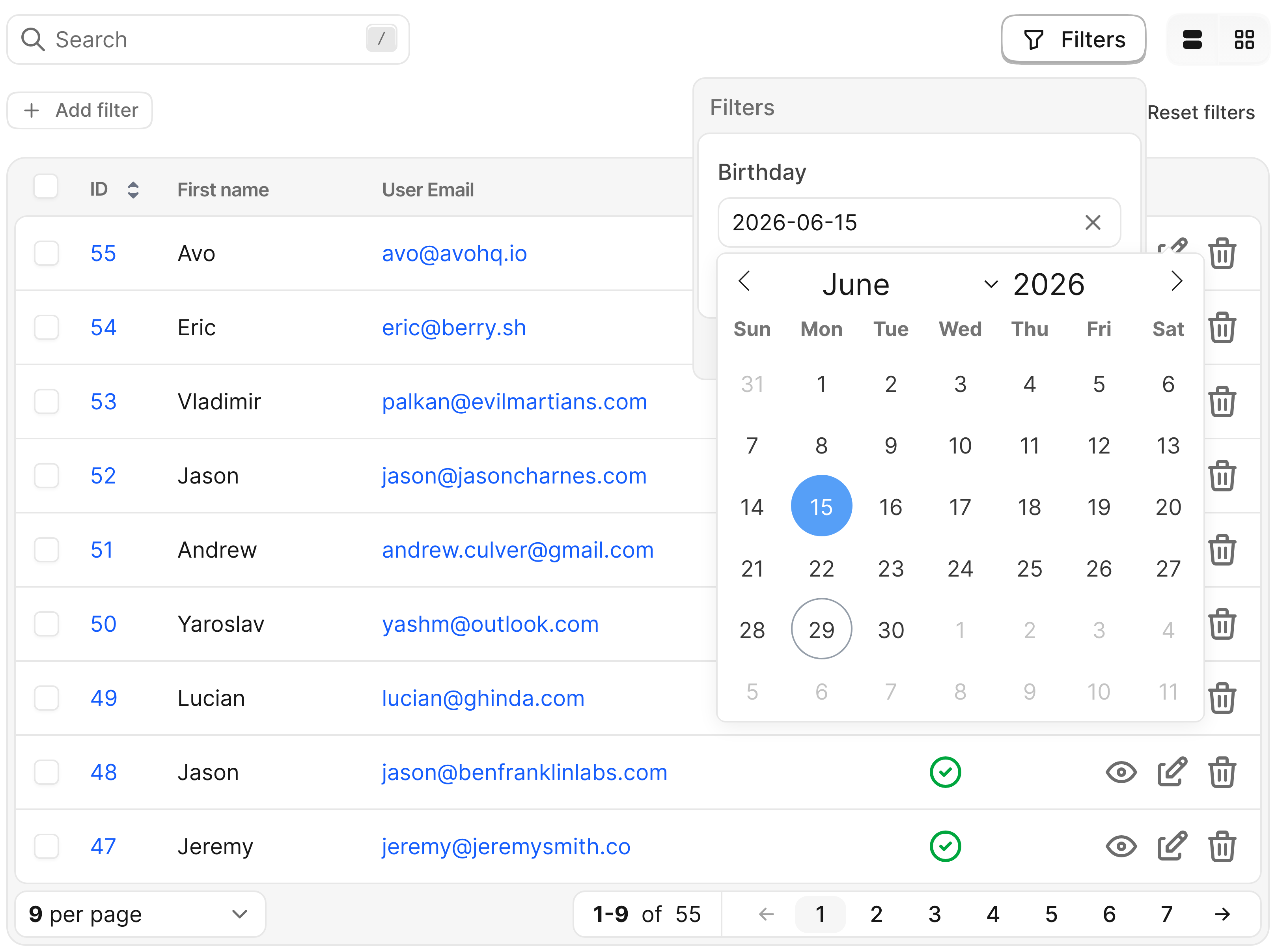 Avo date time filter in single mode showing the Birthday filter and one selected date in flatpickr, over the Users index table.