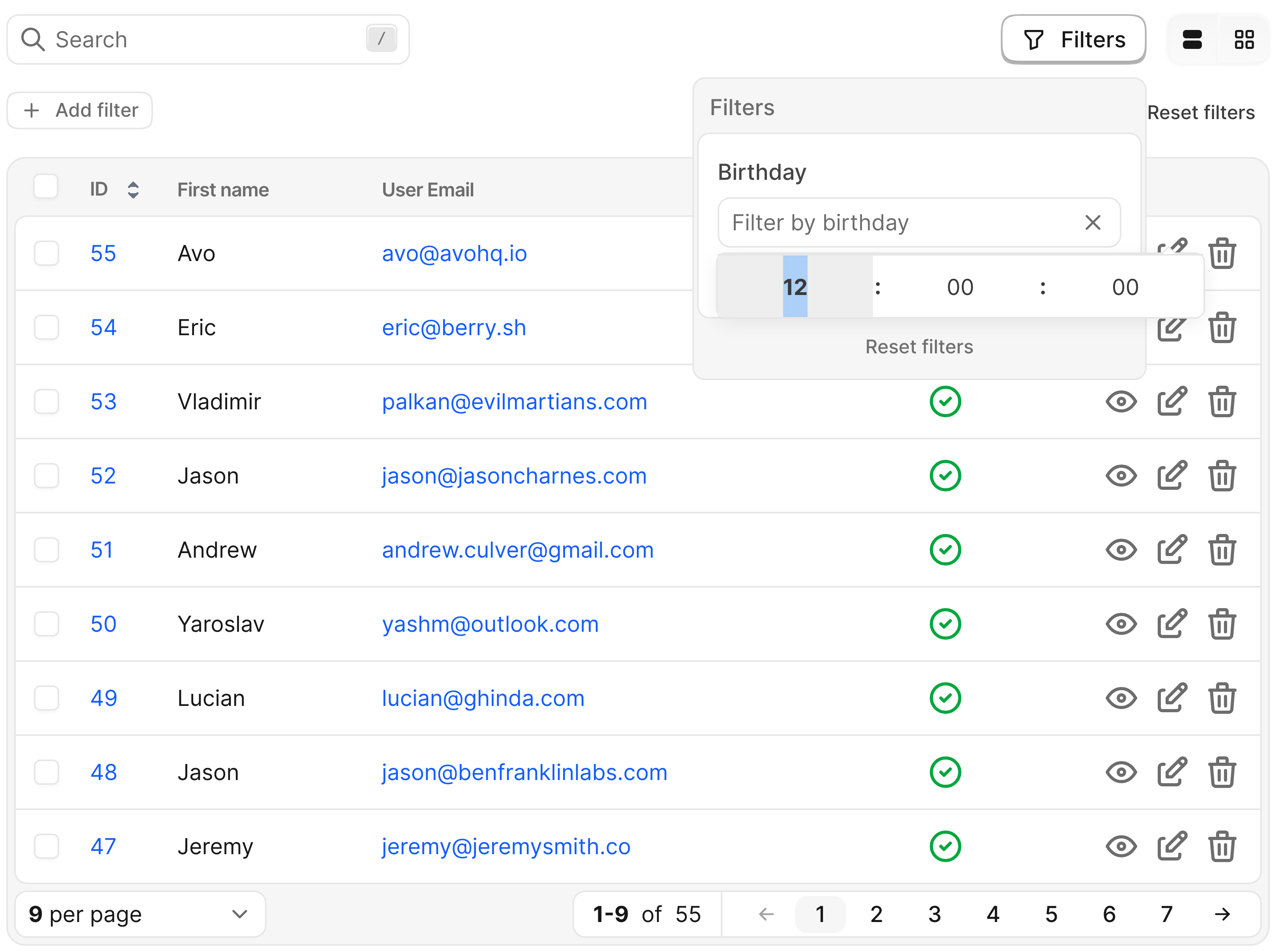 Avo date time filter with type time: the Birthday filter input and flatpickr time picker, over the Users index table.