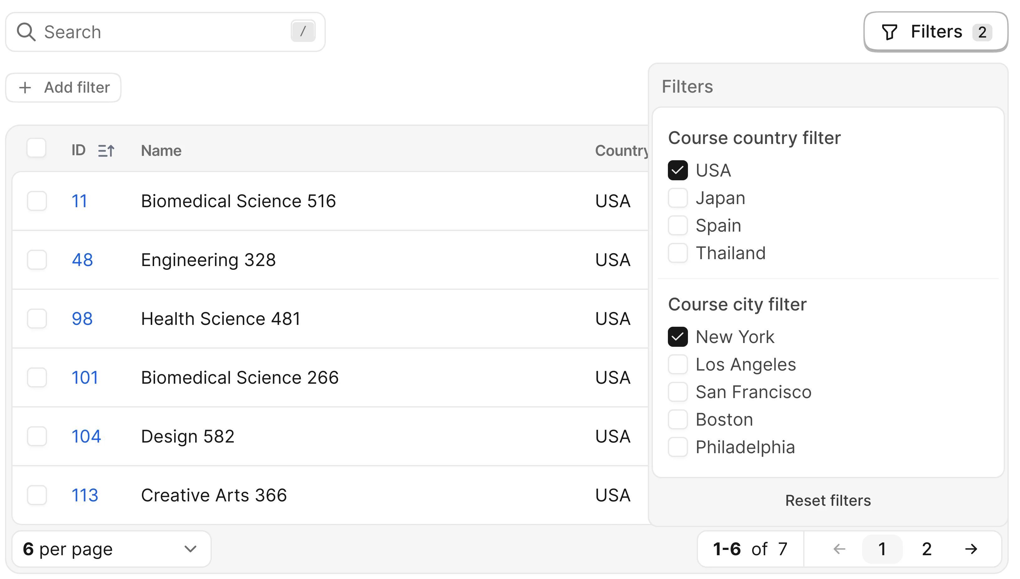 Avo Filters button with Course country and city filters where selecting USA populates US cities, over the Courses index table.