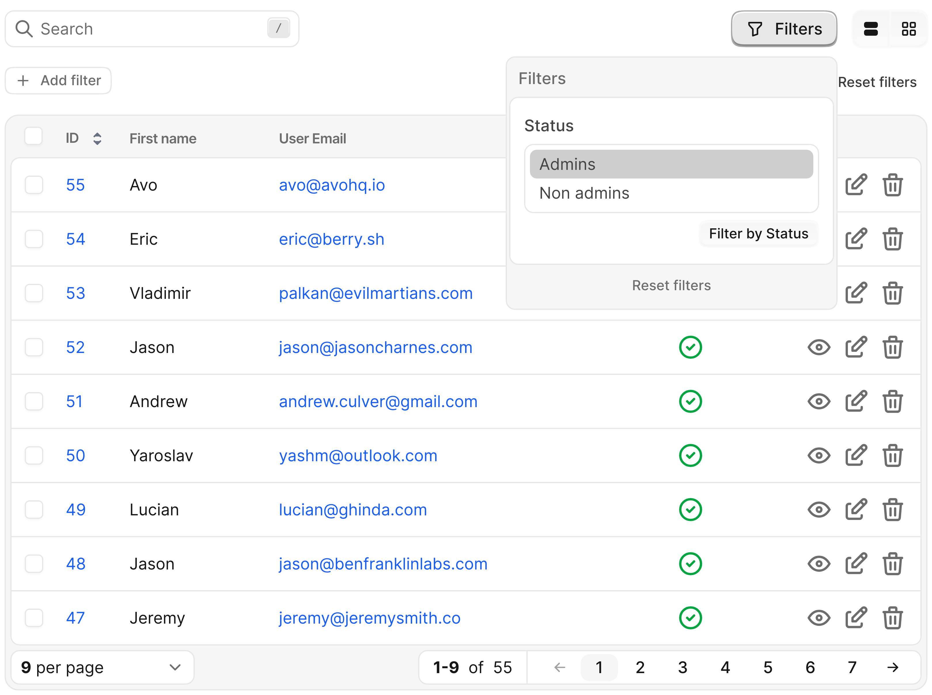 Avo multiple select filter named Status showing Admins and Non admins options with a Filter by Status button, over the Users index table.