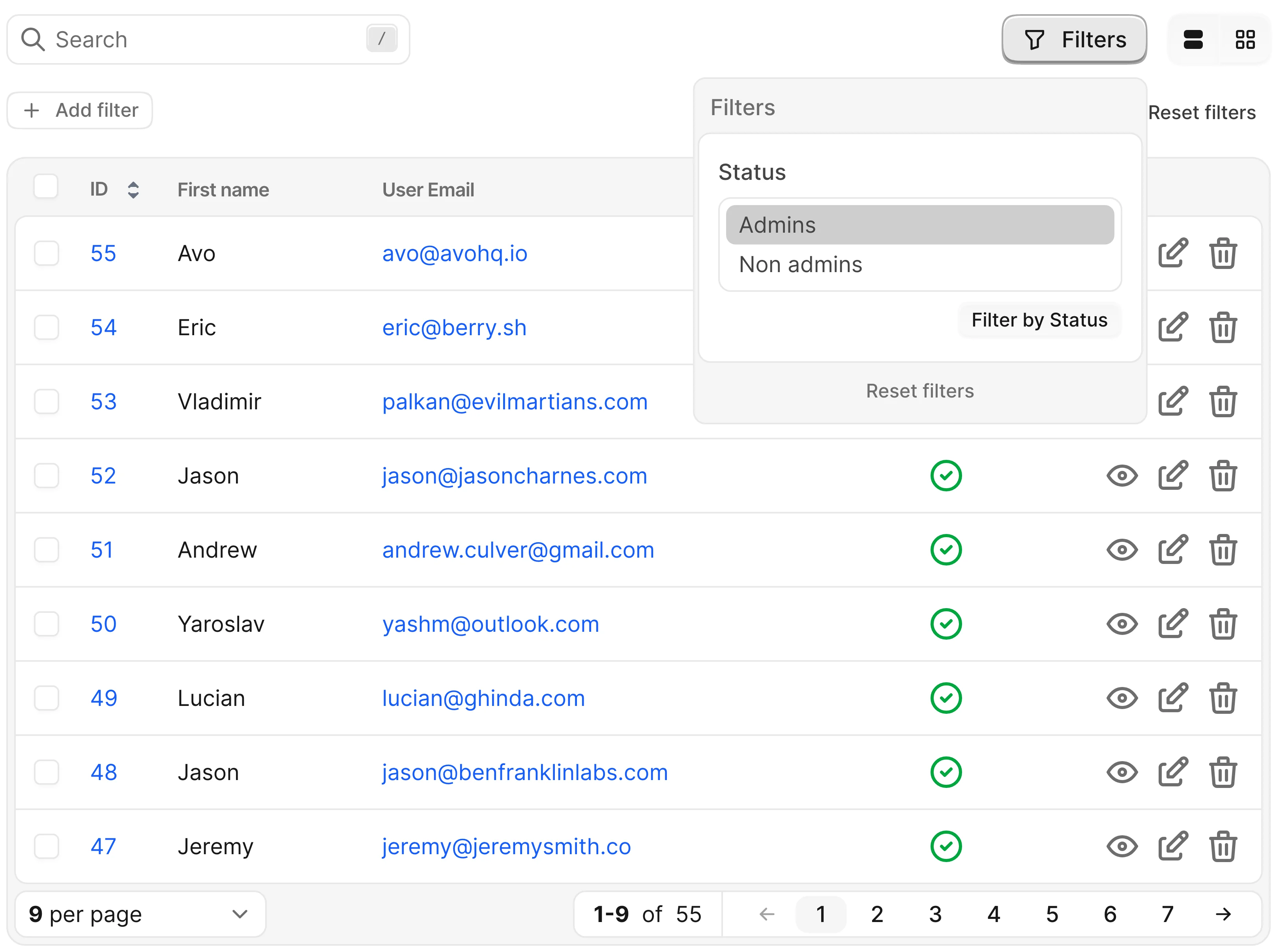 Avo multiple select filter named Status showing Admins and Non admins options with a Filter by Status button, over the Users index table.