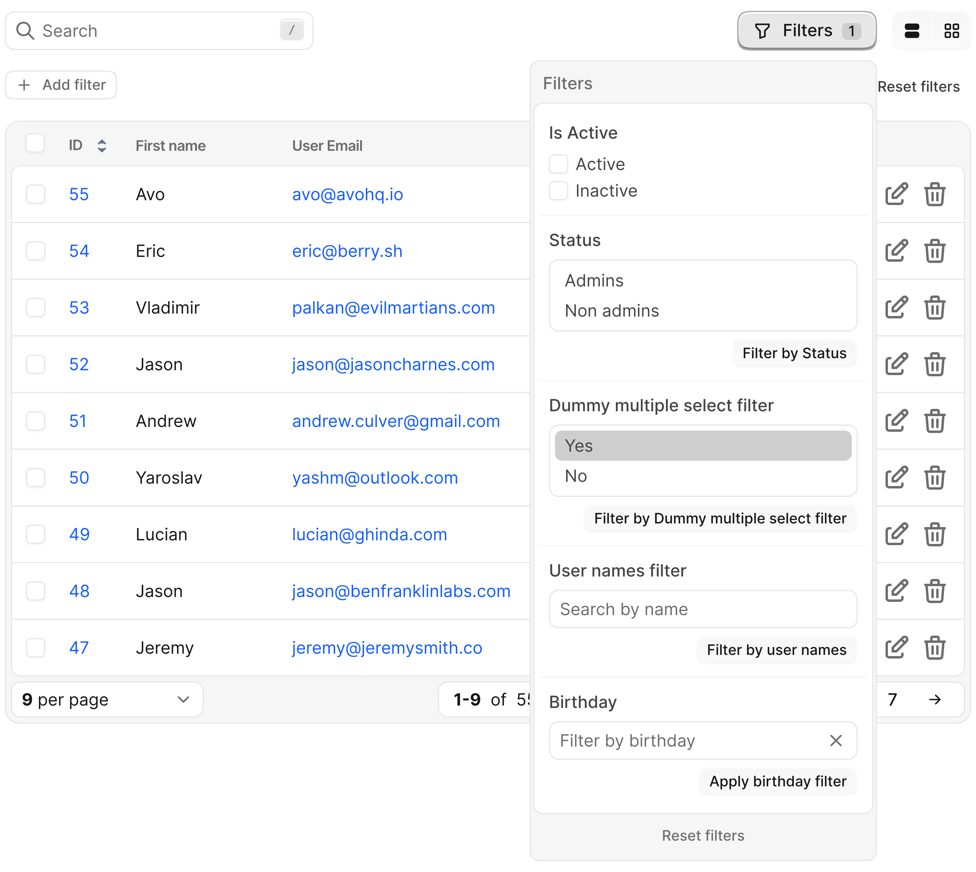 Avo Filters button with the open panel showing boolean, multiple select, text, and date time filter types on the Users index.