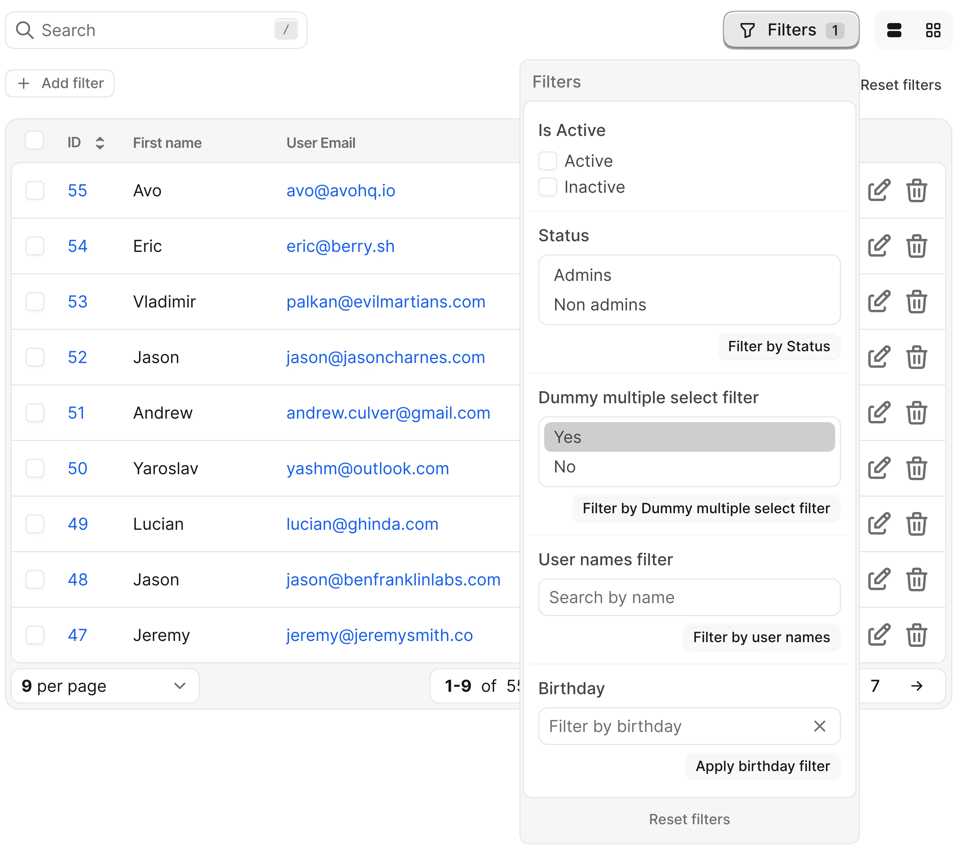 Avo Filters button with the open panel showing boolean, multiple select, text, and date time filter types on the Users index.