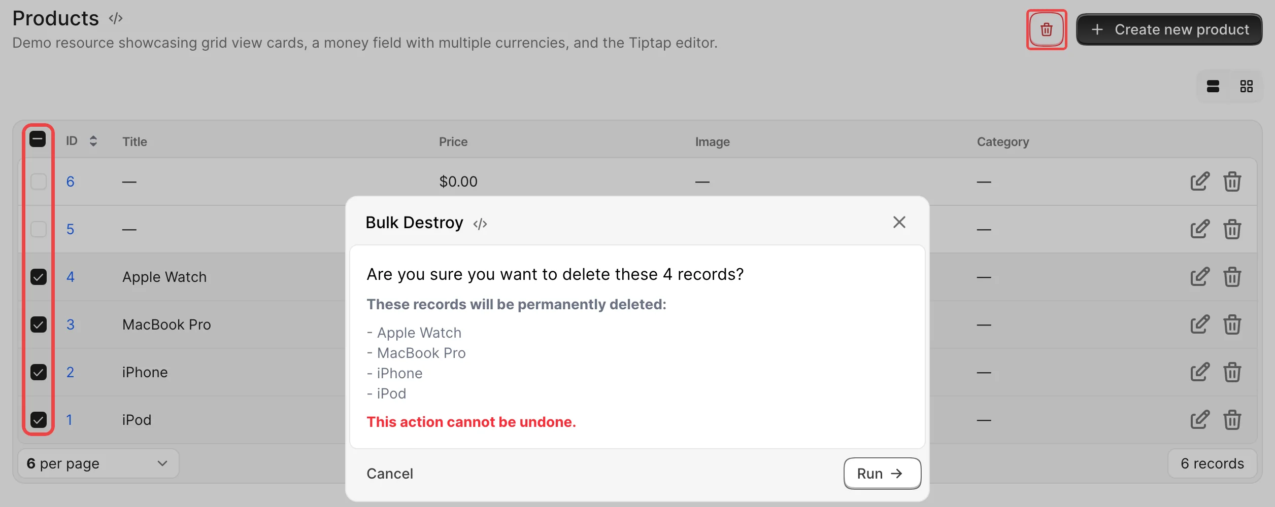 An Avo Products index with four records selected and the customizable bulk-destroy control (red trash button) clicked, opening a confirmation modal that lists the records to be deleted and warns the action cannot be undone.