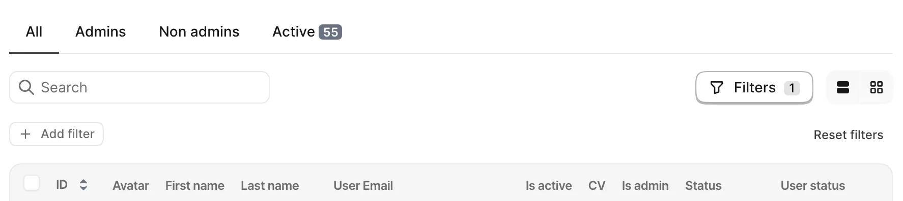 An Avo Users index with the scopes tab bar — All, Admins, Non admins, Active — where the Active scope shows a small gray badge with the record count.