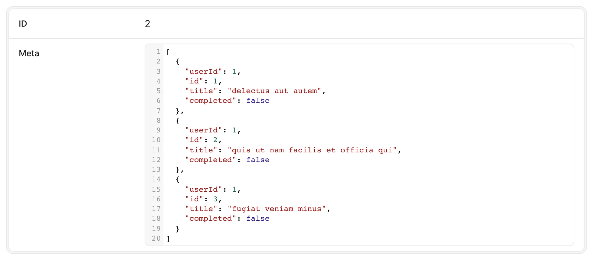 The meta JSON pretty-printed multi-line in the code field