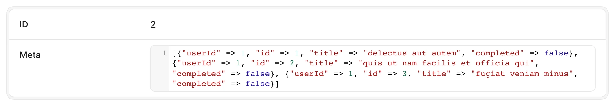 The meta JSON rendered on one hard-to-read wrapped line in a code field