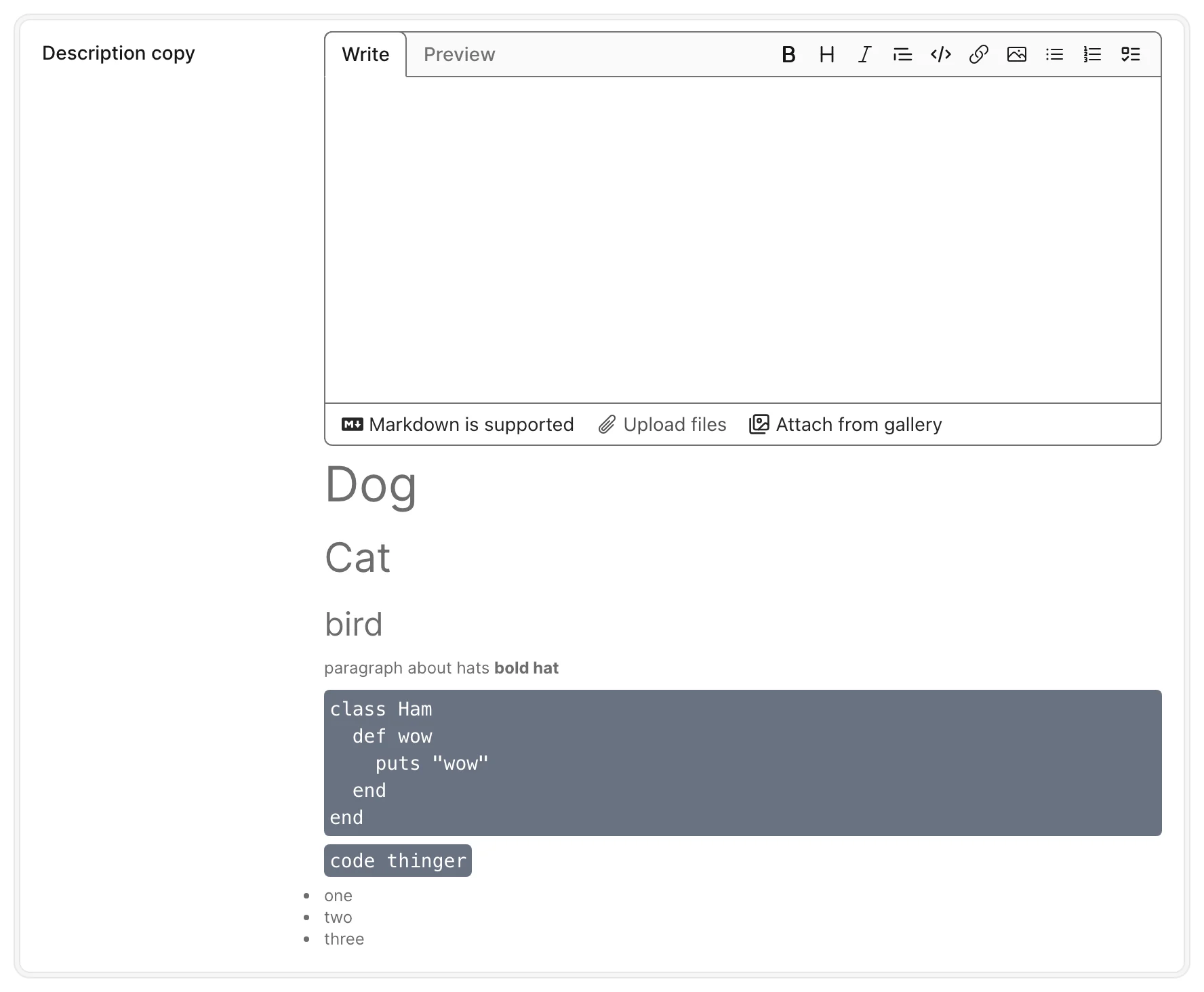 A markdown field on a form whose help text is rendered markdown — headings, bold paragraph, code block, inline code and a bullet list