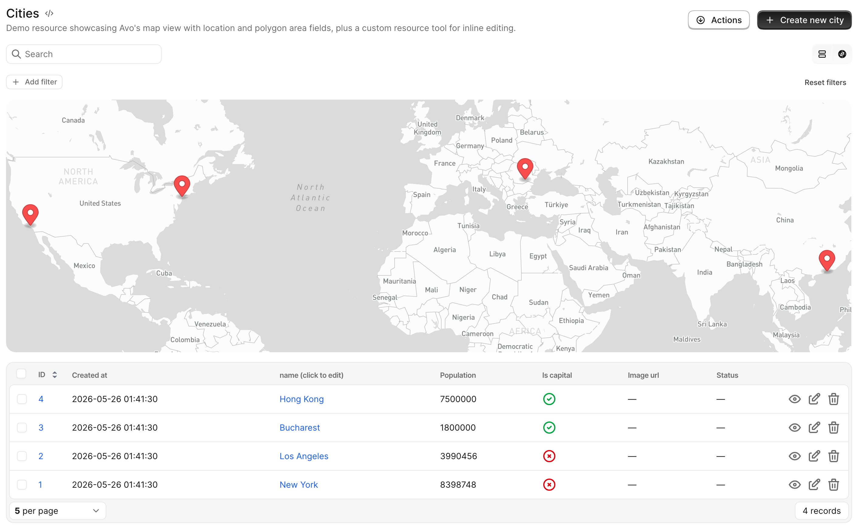 The Cities resource in map view — the table/map view switcher, a Mapbox map with markers and the adjacent index table.