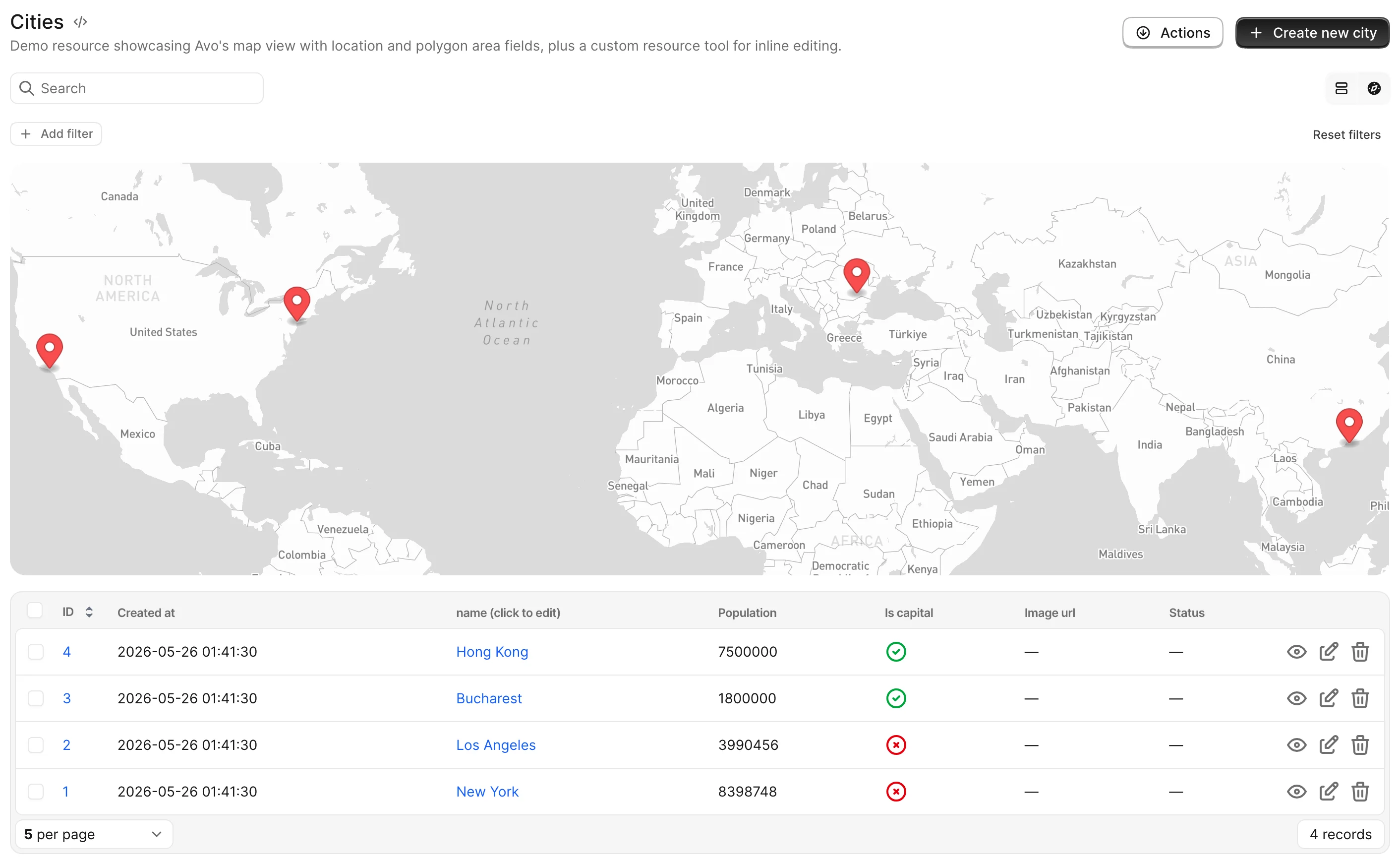 The Cities resource in map view — the table/map view switcher, a Mapbox map with markers and the adjacent index table.