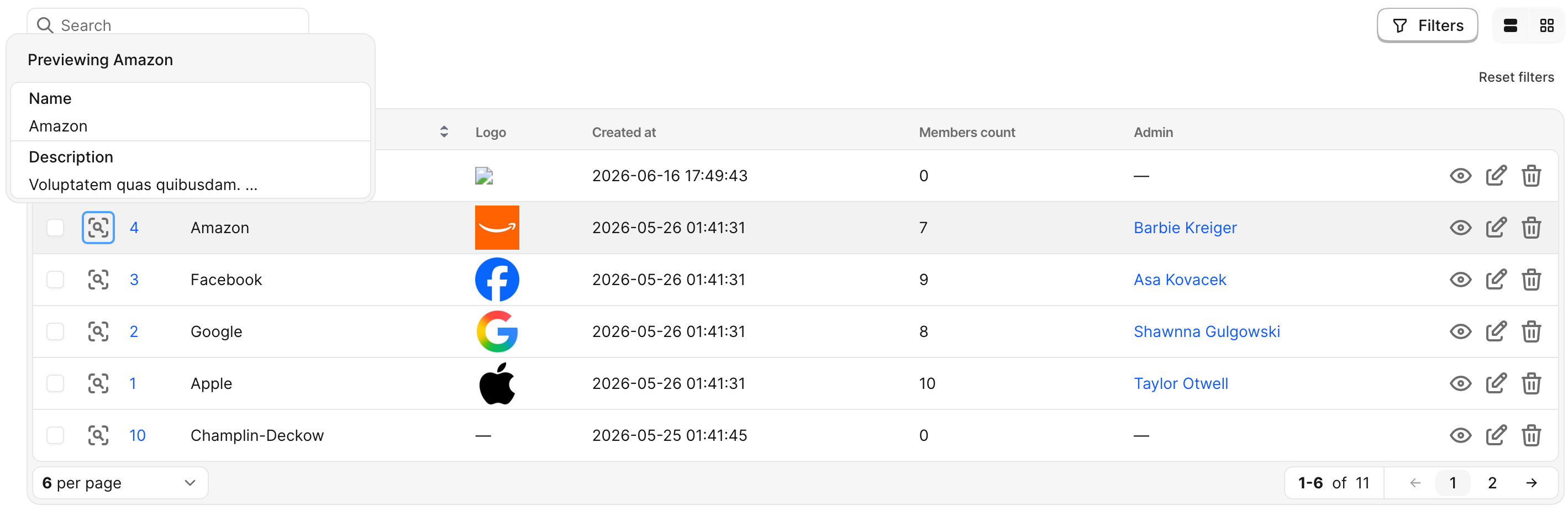 Record preview popover open over the Team index table, triggered from a row