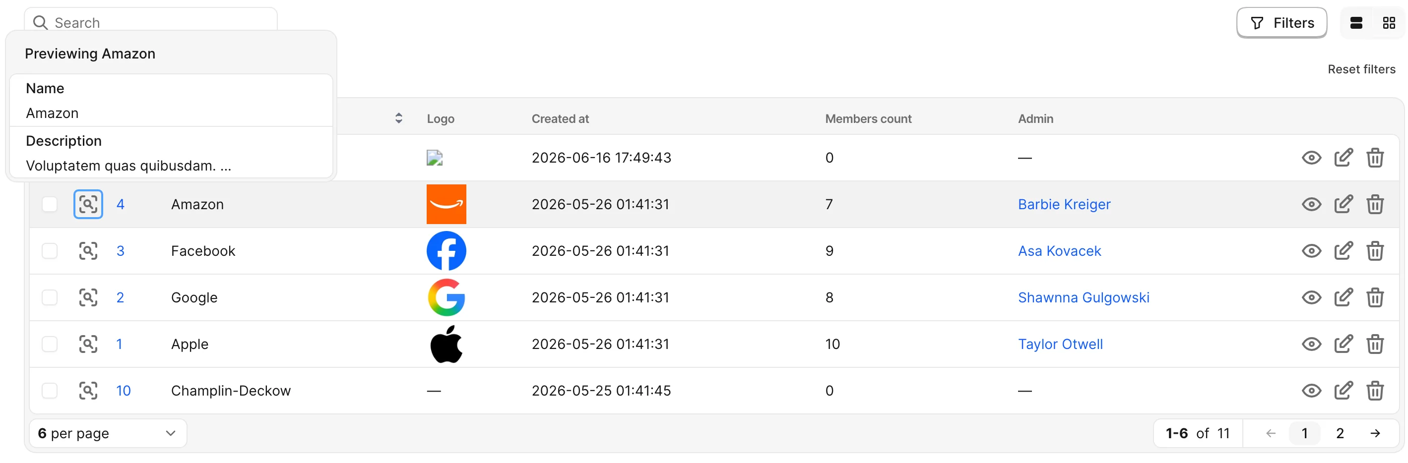 Record preview popover open over the Team index table, triggered from a row
