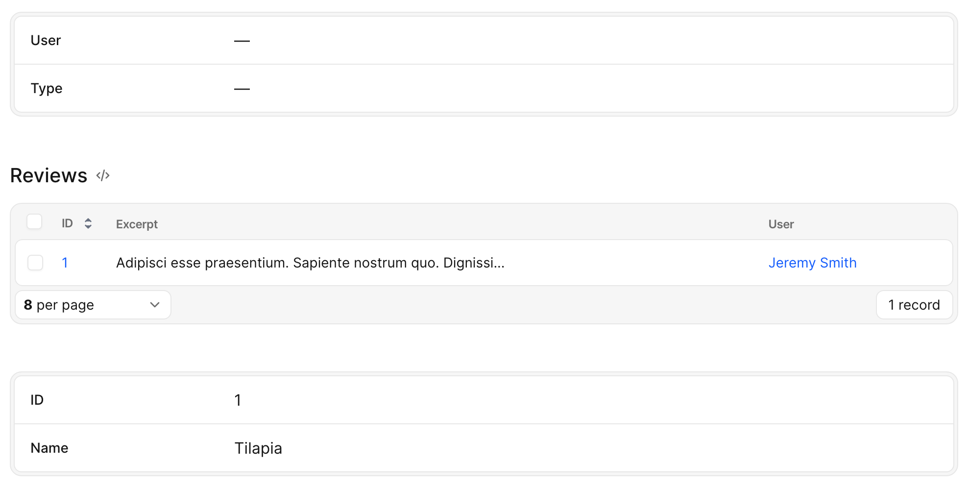 An Avo show page with panels in custom order: User and Type first, a Reviews has_many panel, then the main panel with ID and Name.