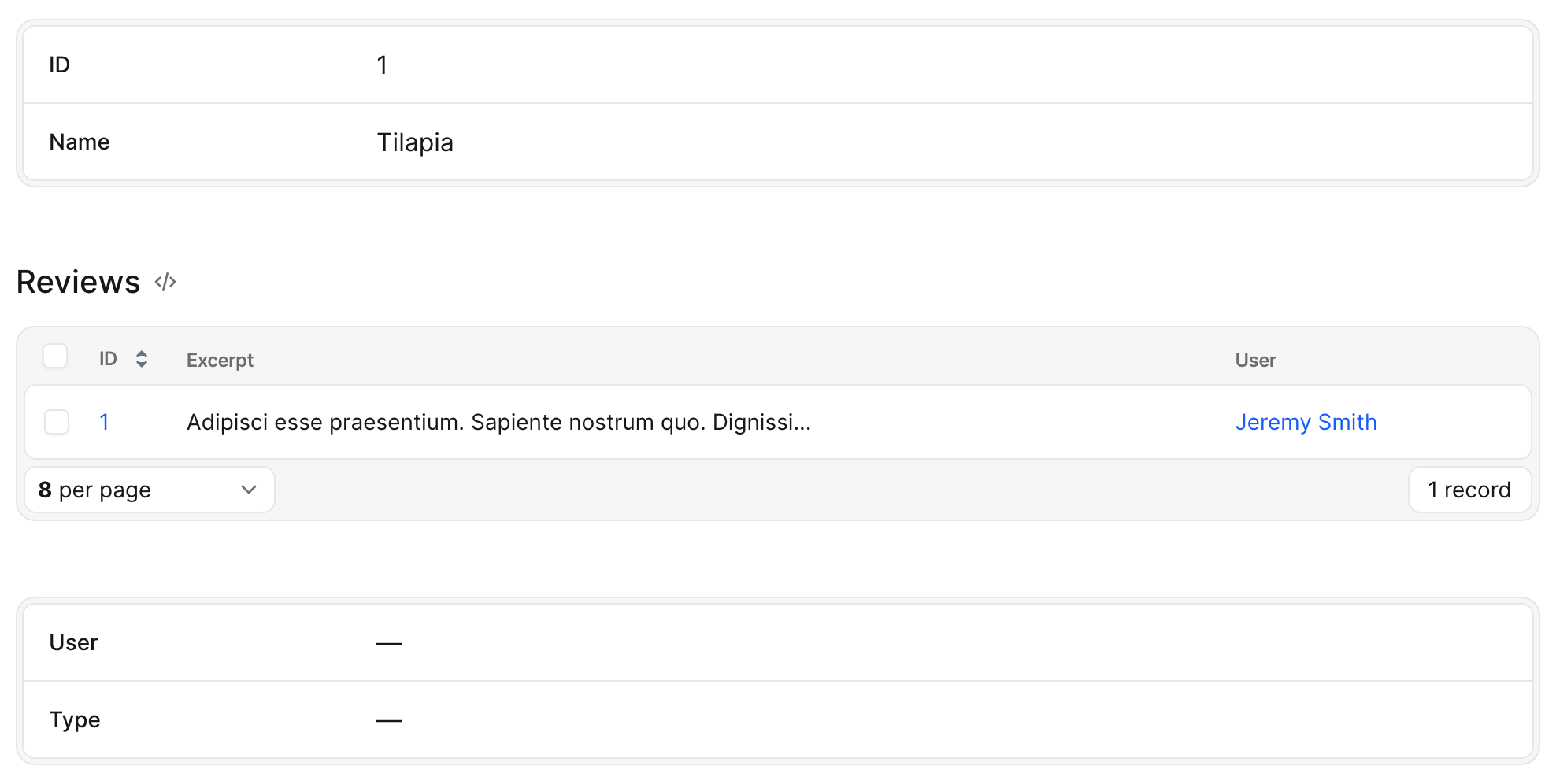 An Avo show page with a computed main panel for ID and Name, a Reviews has_many association panel, and a second panel for User and Type.