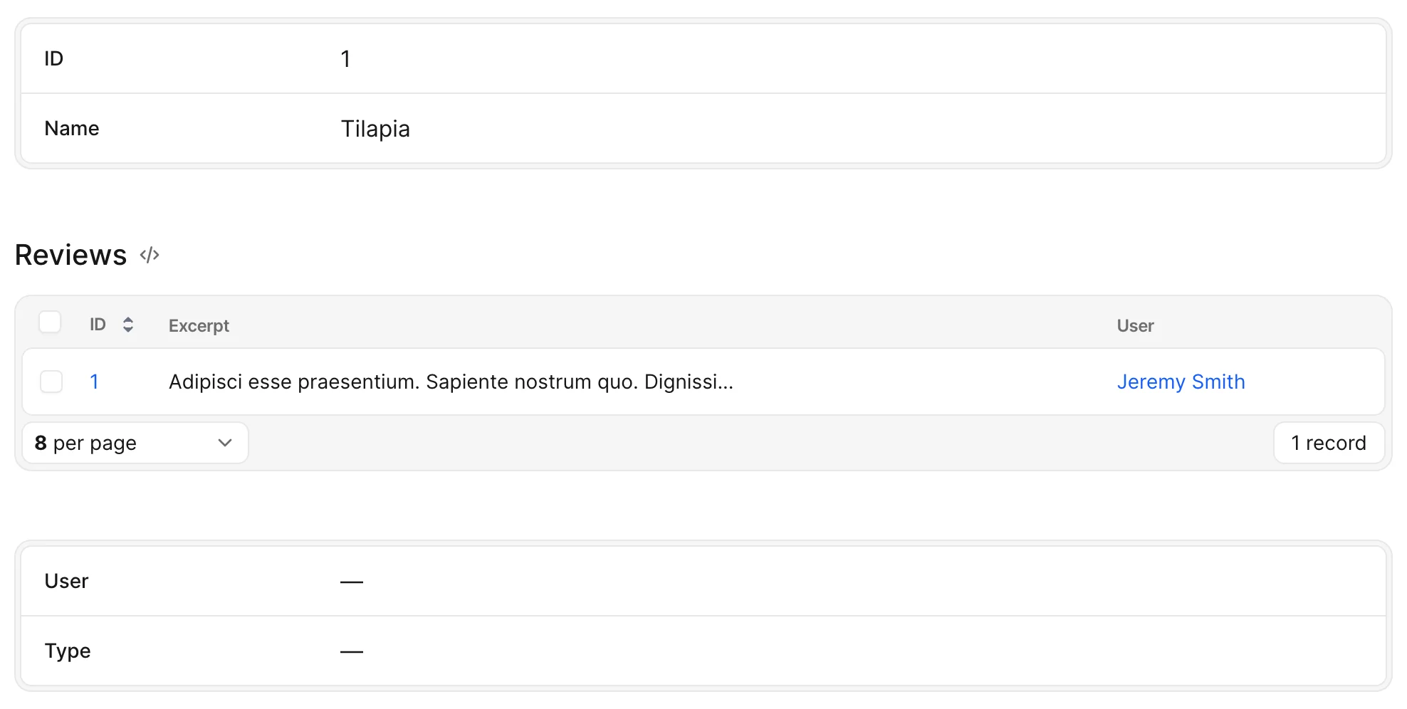 An Avo show page with a computed main panel for ID and Name, a Reviews has_many association panel, and a second panel for User and Type.