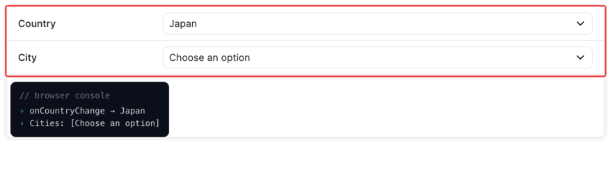 An Avo Course edit form with Country and City highlighted together and a browser console readout below: picking USA repopulates the city select and logs the new options, then New York is chosen; switching to Spain swaps the city list and Barcelona is selected.